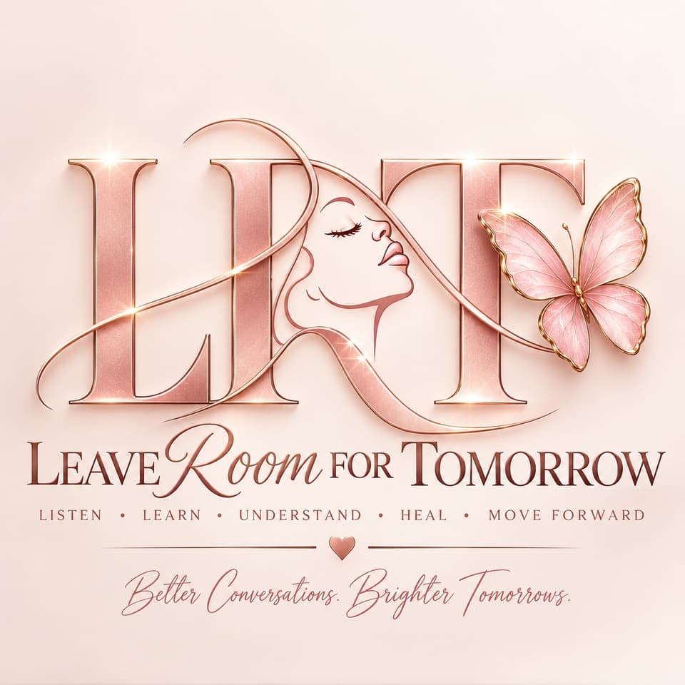 Leave Room for Tomorrow logo with a rose gold LRFT mark, a woman's profile, and a pink butterfly